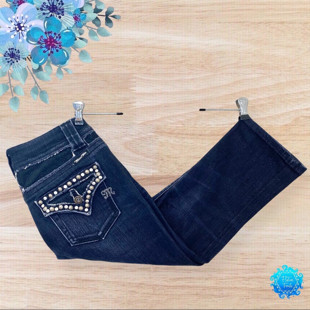Miss Me Dark Wash Distressed Cutout Eyelet Studded Capri Jeans; 25